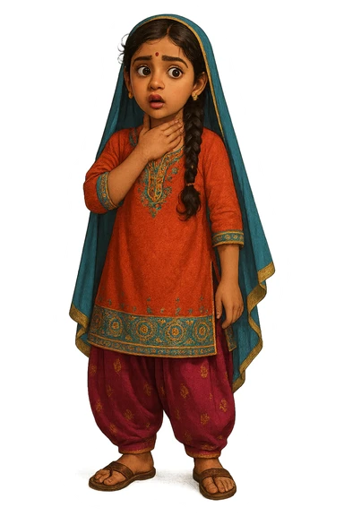 A girl in traditional desi attire holding her own neck, expressive, detailed clothing, vibrant colors, full body, no background sticker