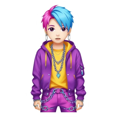  portrait-of-young-monster-idol-in-kpop-style,-wearing-flashy-streetwear-outfit,-colorful-dyed-hair,-confident-pose,-accessorized-with-chains- sticker