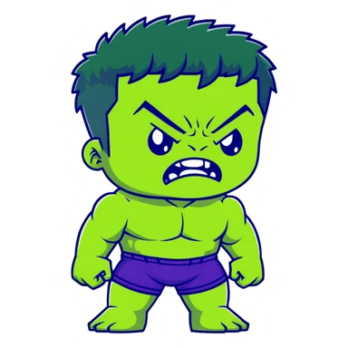 Chibi Hulk, cute small proportions, big head, tiny body, adorable angry expression, green skin, purple shorts sticker