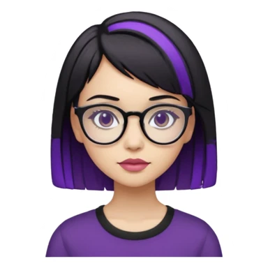 chica bonita con ligero cabello negro con rayas moradas que llega hasta los hombros con lentes cuadrados de estatura pequeña con ropa negra sticker