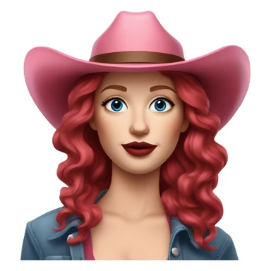 White Woman with wavy wine red hair and pale face makeup on, red lips, blue eyeshadow, and a pink cowboy hat on sticker