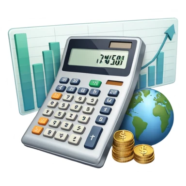 An icon featuring a calculator, a dollar sign, and a chart with upward trends, symbolizing economics. The design includes coins, bills, and a globe, representing global trade and financial systems. Transparent background highlights the study of markets, supply, and demand. sticker