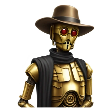 Old dirty west Bounty hunter C3po wearing small hat relaxed pose sticker