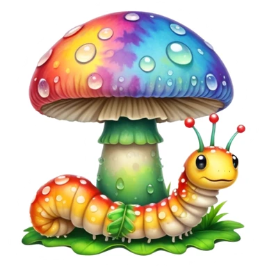 Tie dye mushroom with dew and a cute caterpillar  sticker