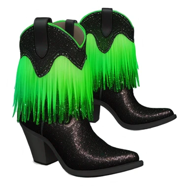 Realistic neon green to black ombre pair of fashion cowgirl boots with sparkly shiny glitter fringe on them. sticker