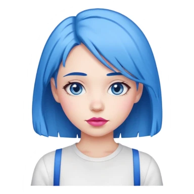 girl with blue hair to shoulders, blue eyes, pink lips, wearing a white shirt sticker