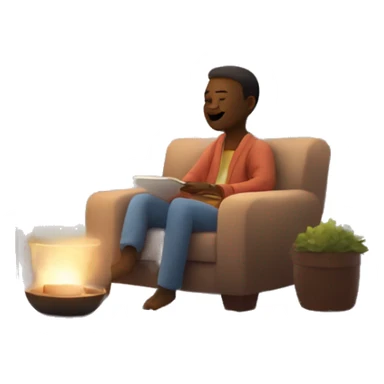 An image of a person relaxing on a comfy chair with a blanket, a cup of tea, and soft lighting, creating a peaceful atmosphere sticker