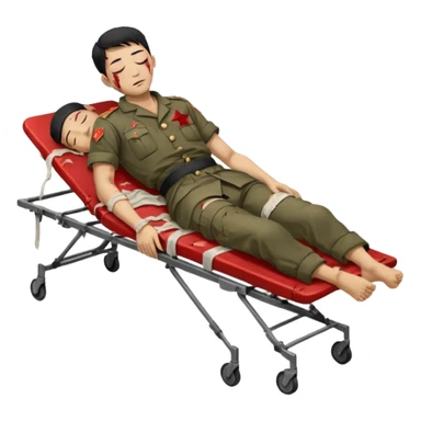 wounded man of oriental appearance, dressed in torn clothes, full length, with closed eyes, head lying on stretcher, in prone position, with injuries on black military stretcher, 1980 sticker