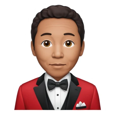 Smokey Robinson with dark brown hair, red suit with bow tie sticker