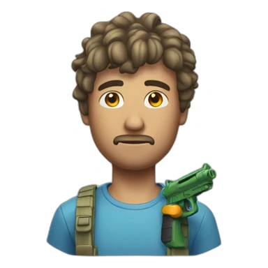 Man with water pistol attached to the side of his head sticker