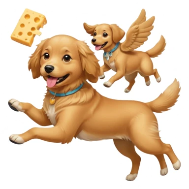 A dog with girls wearing cheese with shoes in his mouth and flying sticker