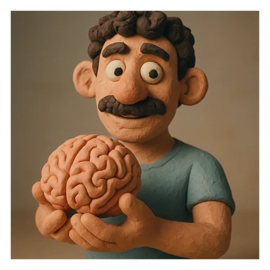 Enhance the claymation man holding a brain by adding more depth and dimension to the image. Make him more attractive and quirky, inspired by the first version, with dark curly hair, thick mustache, light skin, claymation style, visible fingerprints, and pastel colors. sticker