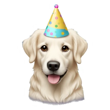 White golden retriever wearing polka dot party hat sticker