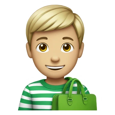 smiling boy in striped shirt with green bag sticker
