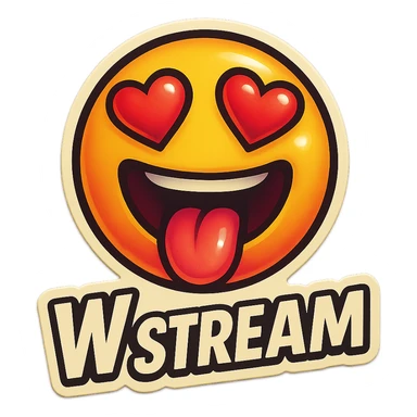 mouth open with tongue out heart shaped eye add the words “ W Stream " in White sticker