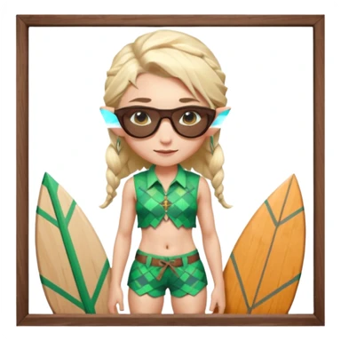 elf female legolas portrait, patterned board shorts (geometric/abstract), unique wooden-framed sunglasses, undercut hairstyle, slight smirk, visible pointy ears, no background, centered emoji, hipster summer vibe coctails  sticker