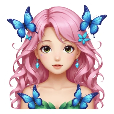 gorgeous shiny blushing anime lady with butterflies and beautiful hair fairycore high quality detailed vogue trending aesthetic sticker