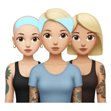 throuple blonde femaleand brunette female with bald tattooed sticker