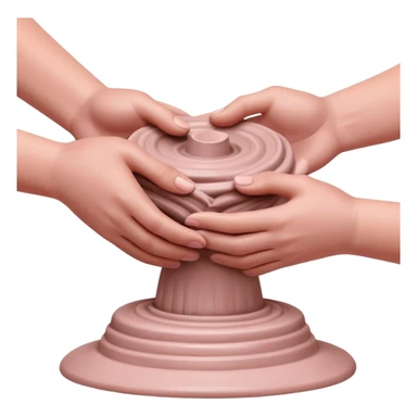 hands performing palm hug gesture on a pink mound of clay on a silver pottery wheel, gently hugging the clay to maintain moisture sticker