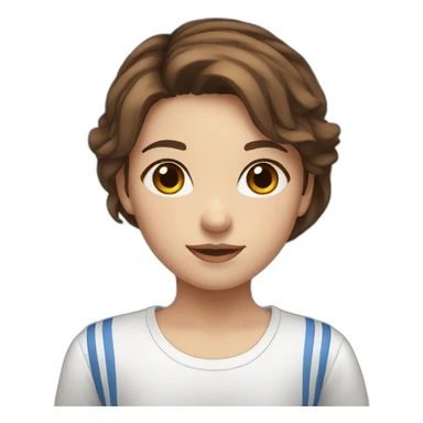 Girl with brown eyes and brown hair and white shirt with blue stripes sticker