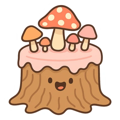 a tree stump cake topped with mushrooms, forest dessert concept, pastel toon style sticker