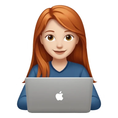 Chica blanca con cabello cobrizo largo vestida de blanco sonriendo en laptop sticker