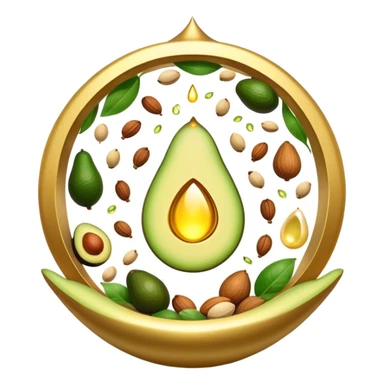 Floating aura in the shape of a golden and jade green drop, with bright icons of avocado, nuts, olive oil and ethereal fish spinning in a circle, surrounding a warm heart and illuminated brain, wrapped in a soft glow of protection and stable energy sticker