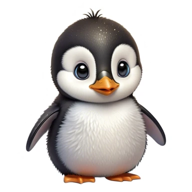 Cinematic Cute Baby Penguin Portrait Emoji, Head tilted playfully and inquisitively, with irresistibly fluffy plumage accented by a tiny beak and round, sparkling eyes filled with wonder, Simplified yet irresistibly adorable features, highly detailed, glowing with a warm, friendly polar glow, high shine, affectionate and lively, stylized with a touch of whimsical charm, bright and endearing, soft glowing outline, capturing the essence of a mischievous yet loving penguin that feels like it could slide out of the screen into your arms! sticker