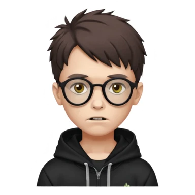 young boy zombie with hazel eyes, black glasses, brown wolfcut hairstyle, black adidas hoodie sticker