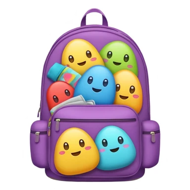 Emoji-style backpack overflowing with clothes, rounded cute shapes, soft shadows, colorful sticker