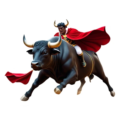 ​Cinematic Realistic black charging bull, against a matador depicted in a flowing red cape, captured in the dramatic moment of confronting a charging bull in a traditional bullring, rendered with dynamic motion and dramatic lighting that encapsulates the intensity and artistry of the spectacle, sticker