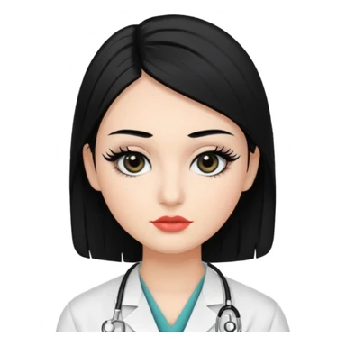 Medical student, black hair, black eyes, false eyelashes, makeup, eyeliner,  sticker