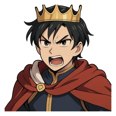 angry prince with golden crown, light skin, dark brown eyes, black hair, anime style sticker