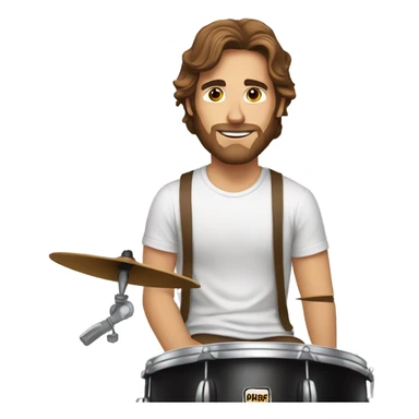 a longer brown haired man with a light beard sitting behind a drumset in a white t shirt and brown pants sticker