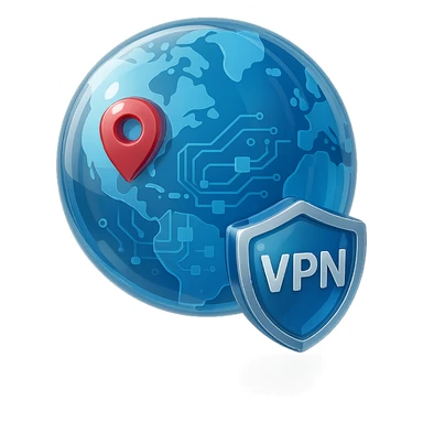 VPN globe icon with a shield, 3D style, glossy, location pin on the USA, blue and silver sticker