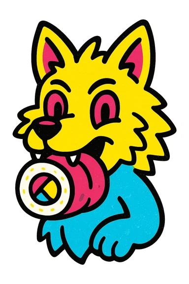 stylized wolf gripping a sushi roll in its mouth, bold colors sticker