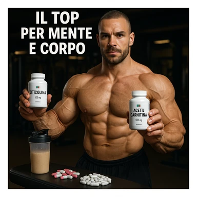 hyper realistic bodybuilder showing citicoline and acetylcarnitine bottles next to supplements, defined muscles, text 'Il top per mente e corpo', gym environment, motivational atmosphere sticker