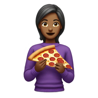 Woman eating a slice of pizza wearing a purple sweater sticker