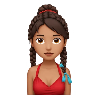 A tanned girl's face Over-the-shoulder messy braid dark brown hair with red halter top sticker