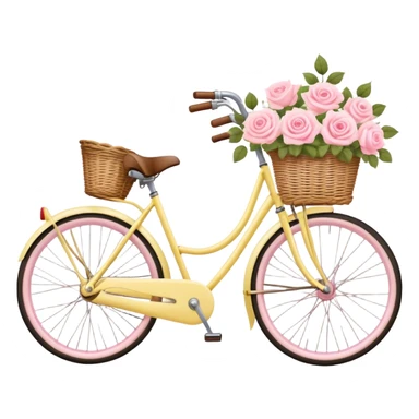 A pastel yellow vintage bike carrying a basket with pastel pink roses sticker