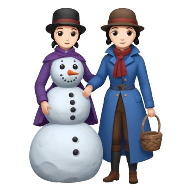  young Virginia Poe and  eldely Maria Clemm  full body building a snowman  1800's sticker
