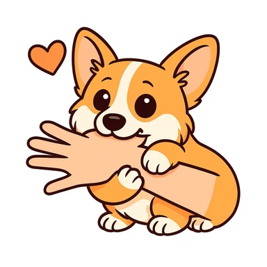 изобразить моего корги, сохранив внешность и телосложение в позе и эмоции как на первом референсе sticker