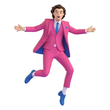 Harry Styles mid-air jump, colorful stage lights, fashionable suit, dynamic movement sticker