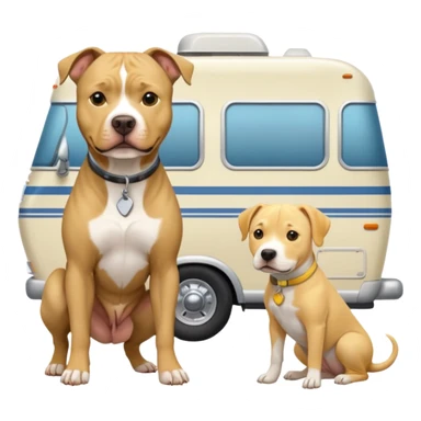 Gray pit bull next to yellow lab in front of an rv  sticker