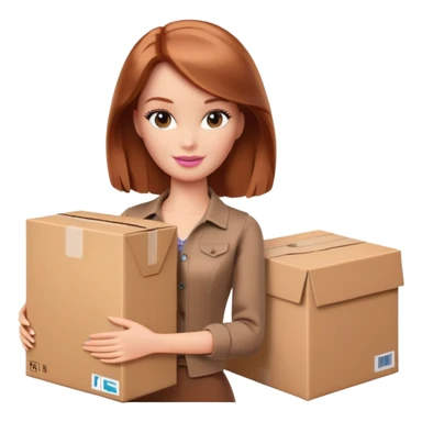 Barbie with shoulder-length reddish-brown hair in brown clothes holds a package box sticker
