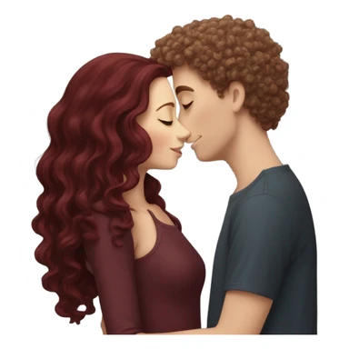 White girl with long burgundy hair kissing a white boy with curly short hair under a sky of star sticker
