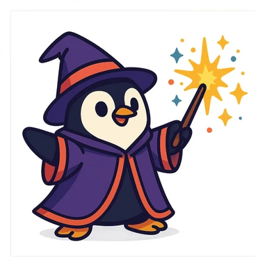 cute penguin wizard casting a spell, wearing a robe and holding a wand, magical sparkles around sticker
