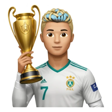 Cristiano Ronaldo holfing the champions league with noodle hair a bit longer noodle hair with a bit of blonde highlights and tge hair xoming down a bit sticker