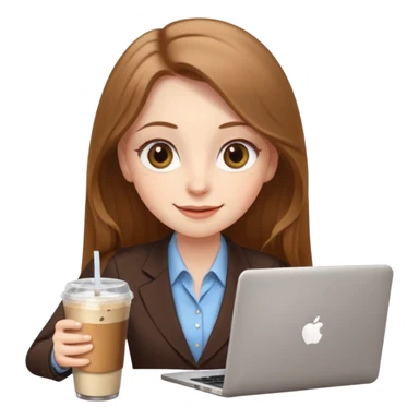 Women in front of laptop with a happy face, face a little fuller, long light brown hair, light brown big eyes, light pale skin with a iced coffee on the side, business attire sticker