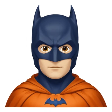 generate a batman emoji with just the face and neck showing and part of the cloak and and wings. Shade the mask in dark navy blue.  Shade the cloak in a solid vibrant orange. Shade the bat logo in a bright  olive green. sticker